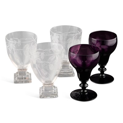 Lot 212 - THREE LATE 18TH CENTURY ENGRAVED RUMMERS AND A PAIR OF AMETHYST GLASS RUMMERS