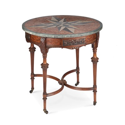 Lot 1149 - A MARBLE-TOPPED, CARVED AND INLAID MAHOGANY CENTRE TABLE