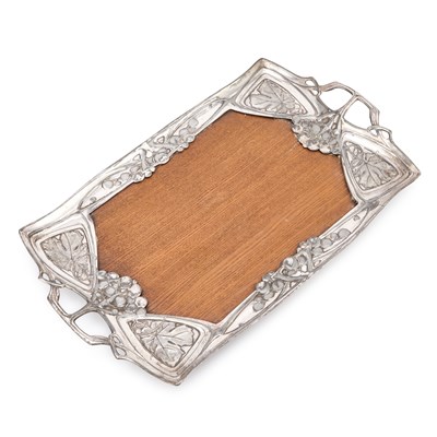 Lot 300 - AN ARTS AND CRAFTS DUTCH URANIA PEWTER AND OAK RECTANGULAR TRAY