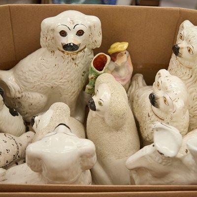 Lot 31 - A BOX OF STAFFORDSHIRE POTTERY FIGURES AND SPANIELS