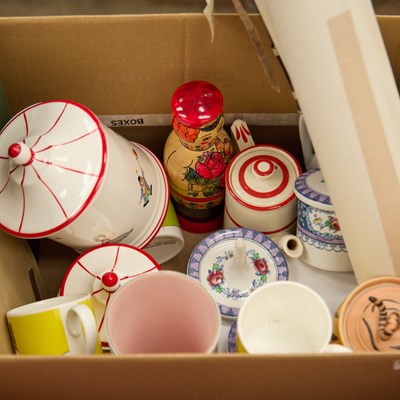 Lot 45 - A BOX OF CERAMICS AND TWO CHINESE SCROLLS