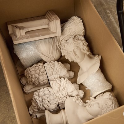 Lot 73 - A BOX OF COMPOSITION PERIOD STYLE BUSTS AND DECORATIONS