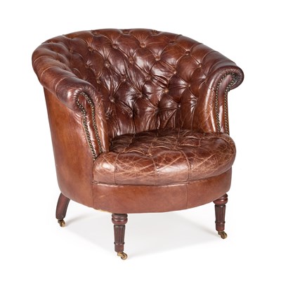 Lot 1200 - A 19TH CENTURY STYLE DEEP-BUTTONED BROWN LEATHER UPHOLSTERED TUB CHAIR