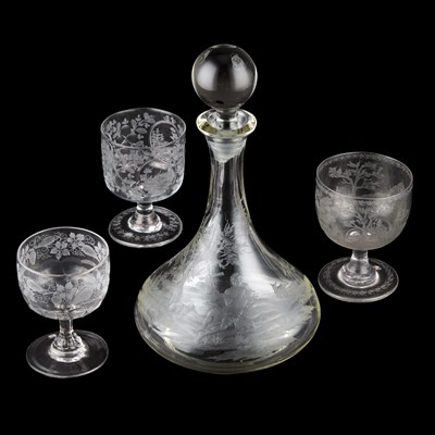 Lot 216 - AN ENGRAVED DECANTER AND STOPPER AND THREE ENGRAVED GOBLETS