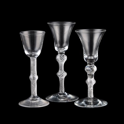 Lot 202 - THREE 18TH CENTURY AIR TWIST WINE GLASSES