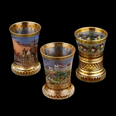 Lot 228 - THREE 19TH CENTURY CONTINENTAL TRANSPARENT-ENAMELLED TOPOGRAPHICAL BEAKERS