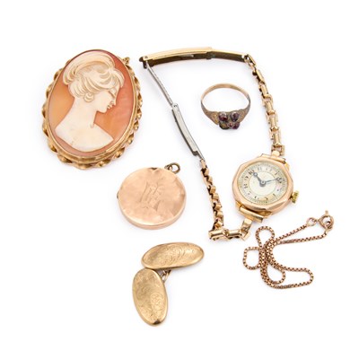 Lot 813 - A GROUP OF 9 CARAT GOLD JEWELLERY AND A 9 CARAT GOLD WATCH HEAD