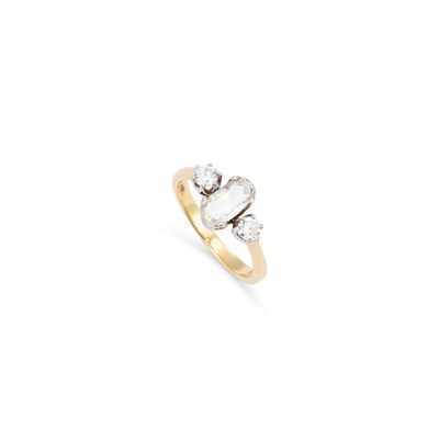 Lot 841 - AN 18 CARAT GOLD FANCY COLOURED ROSE-CUT DIAMOND THREE STONE RING