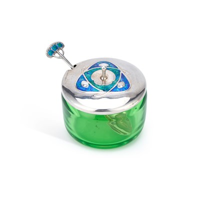 Lot 519 - AN ARTS AND CRAFTS SILVER AND ENAMEL PRESERVE POT AND A CYMRIC SPOON