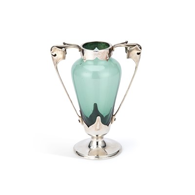 Lot 86 - AN ARTS AND CRAFTS SILVER-MOUNTED GREEN-GLASS TWO-HANDLED VASE