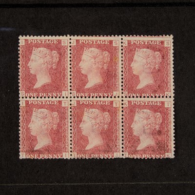 Lot 158 - SG43 1D ROSE-RED PLATE 100 BLOCK OF 6 MINT