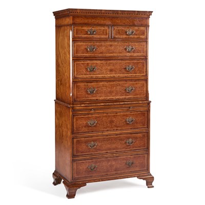 Lot 1231 - AN 18TH CENTURY STYLE INLAID BURR WALNUT CHEST ON CHEST