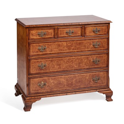 Lot 1189 - AN 18TH CENTURY STYLE INLAID BURR WALNUT CHEST OF DRAWERS