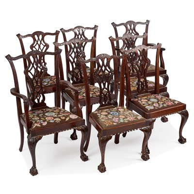 Lot 1220 - A SET OF EIGHT CHIPPENDALE REVIVAL MAHOGANY DINING CHAIRS