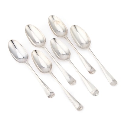 Lot 413 - A GROUP OF SIX 18TH CENTURY SILVER HANOVERIAN PATTERN TABLE SPOONS