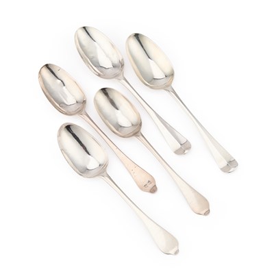 Lot 416 - A GROUP OF FIVE 18TH CENTURY SILVER TABLE SPOONS