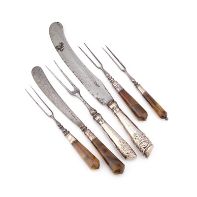 Lot 415 - THREE GEORGE III STEEL AND AGATE-HANDLED TWO-PRONG FORKS AND A KNIFE