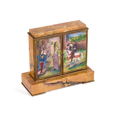 Lot 1136 - A LIMOGES ENAMEL AND SIENNA MARBLE MANTEL CLOCK