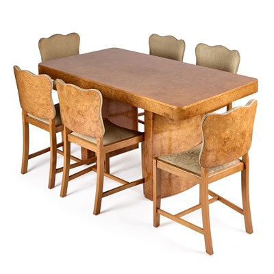 Lot 220 - AN ART DECO BURR MAPLE DINING TABLE AND SIX CHAIRS