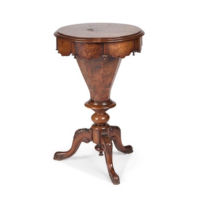 Lot 1024 - A VICTORIAN BURR WALNUT TRUMPET WORK TABLE