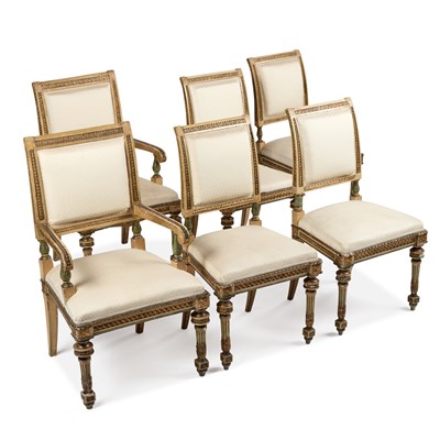 Lot 1191 - A SET OF SIX CARVED, PAINTED AND GILDED CHAIRS