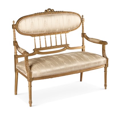 Lot 1015 - A LOUIS XVI STYLE GILTWOOD CANAPE