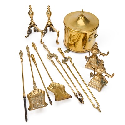 Lot 311 - A GROUP OF BRASS FIREPLACE ACCESSORIES