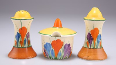 Lot 120 - A CLARICE CLIFF BIZARRE CROCUS PATTERN THREE-PIECE CONDIMENT SET