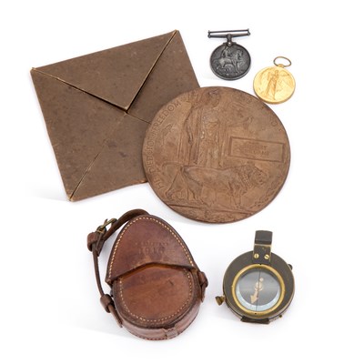 Lot 173 - A FIRST WORLD WAR MEDAL PAIR, DEATH PLAQUE AND COMPASS