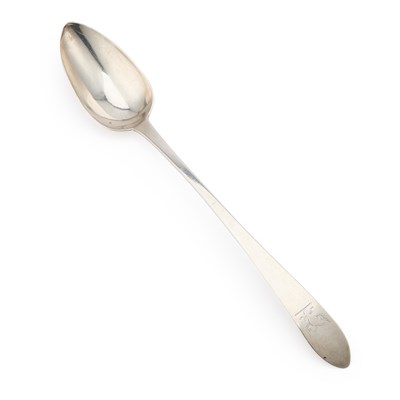 Lot 408 - A GEORGE III IRISH PROVINCIAL SILVER CELTIC POINT PATTERN BASTING SPOON