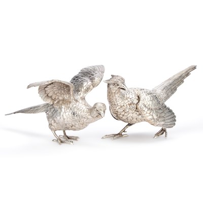 Lot 387 - A PAIR OF GERMAN SILVER TABLE PHEASANTS