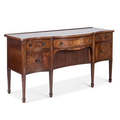 Lot 1144 - A GEORGIAN STYLE MAHOGANY SERPENTINE SIDEBOARD