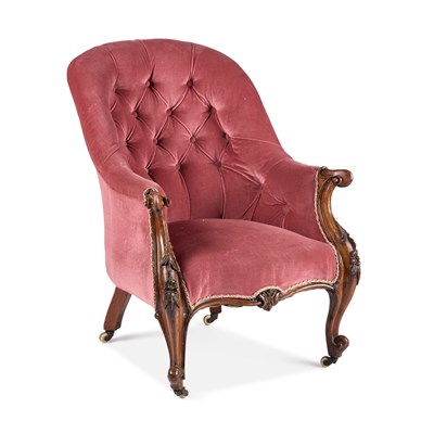 Lot 1204 - A VICTORIAN WALNUT AND BUTTON-BACKED ARMCHAIR