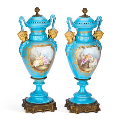 Lot 276 - A PAIR OF 19TH CENTURY ORMOLU-MOUNTED SEVRES STYLE VASES AND COVERS