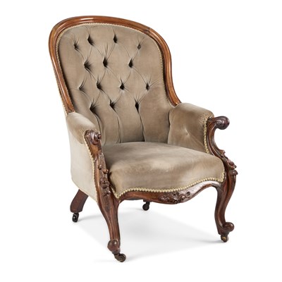 Lot 223 - A VICTORIAN ROSEWOOD AND BUTTON-BACKED ARMCHAIR