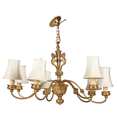 Lot 1079 - A PERIOD STYLE BRASS SEVEN-LIGHT CHANDELIER