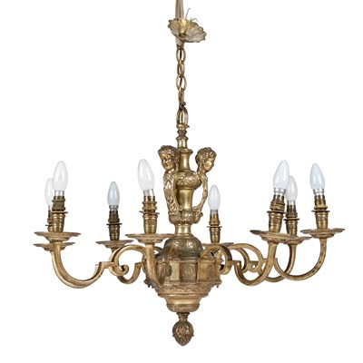 Lot 1075 - A PERIOD STYLE BRASS EIGHT-LIGHT CHANDELIER