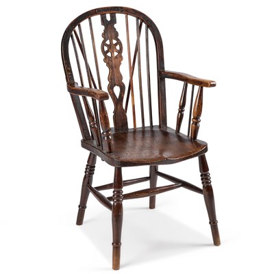 Lot 1182 - A 19TH CENTURY OAK AND ELM WINDSOR WHEELBACK CHAIR