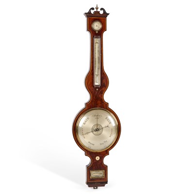 Lot 1121 - AN EARLY 19TH CENTURY SATINWOOD BANDED MAHOGANY BAROMETER