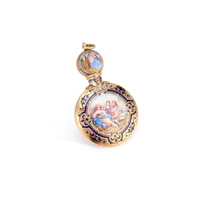 Lot 911 - A 19TH CENTURY FRENCH GOLD AND ENAMEL SCENT BOTTLE