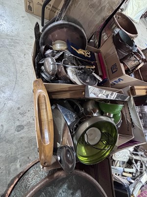 Lot 71 - TWO BOXES OF SILVER-PLATE AND METALWORK