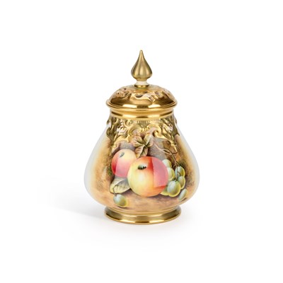 Lot 114 - A ROYAL WORCESTER FRUIT PAINTED POT POURRI VASE AND COVER