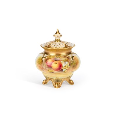 Lot 111 - A ROYAL WORCESTER FRUIT PAINTED POT POURRI VASE AND COVER