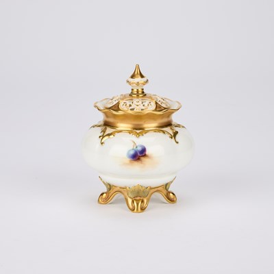 Lot 111 - A ROYAL WORCESTER FRUIT PAINTED POT POURRI VASE AND COVER