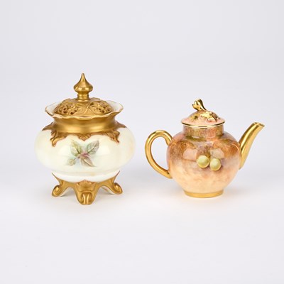 Lot 119 - A ROYAL WORCESTER FRUIT PAINTED MINIATURE TEAPOT