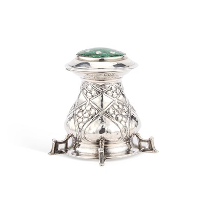 Lot 337 - AN ARTS AND CRAFTS SILVER AND ENAMEL INKWELL