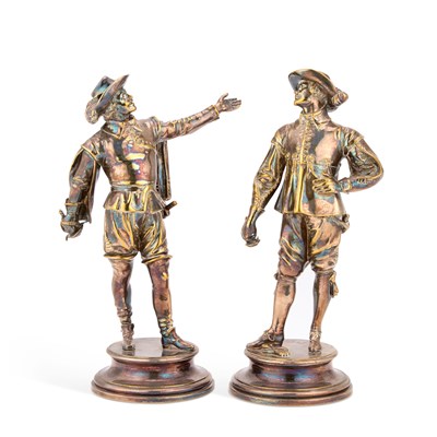 Lot 703 - AFTER ÉMILE-CORIOLAN-HIPPOLYTE GUILLEMIN, A PAIR OF SILVERED BRONZE FIGURES OF CAVALIERS