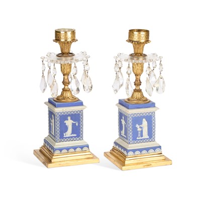 Lot 789 - A PAIR OF GILT-METAL AND BLUE JASPER LUSTRE-DROP TABLE LAMPS