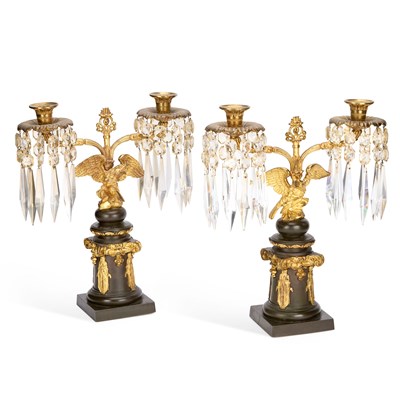 Lot 788 - A PAIR OF PARCEL-GILT BRONZE LUSTRE-DROP TWO-LIGHT CANDELABRA