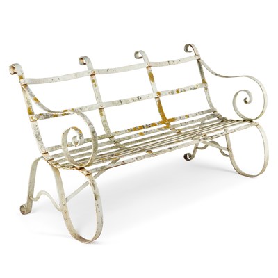 Lot 785 - A VICTORIAN WROUGHT IRON STRAPWORK GARDEN BENCH